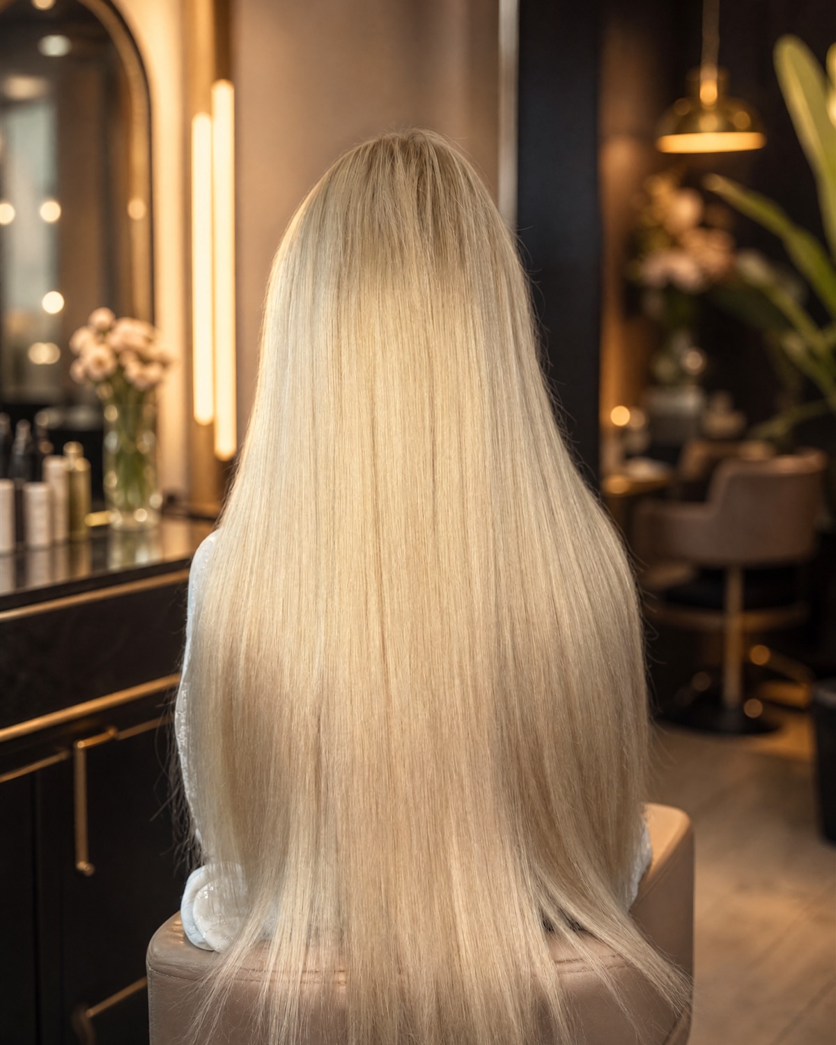 Long luxury blonde hair extensions styled straight — client result by AT Luxury Extensions